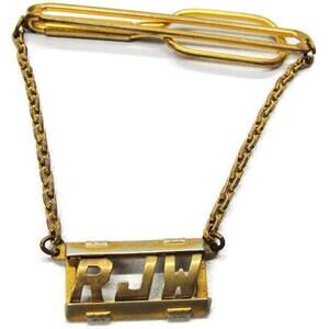 2" "RJW" Initial Swank Gold Tone Vintage Neck Tie Bar w Chain